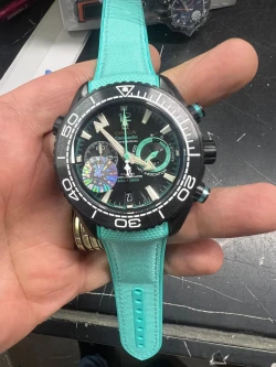 Omega Seamaster Planet Ocean Chronograph Black Dial Light Blue Strap Mens Watch